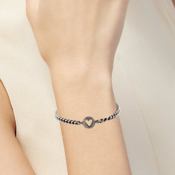 SHERYL LOWE DIAMOND 0.33 CTW STERLING SILVER OPEN HEART CHARM LINK BRACELET - Picture 8 of 9